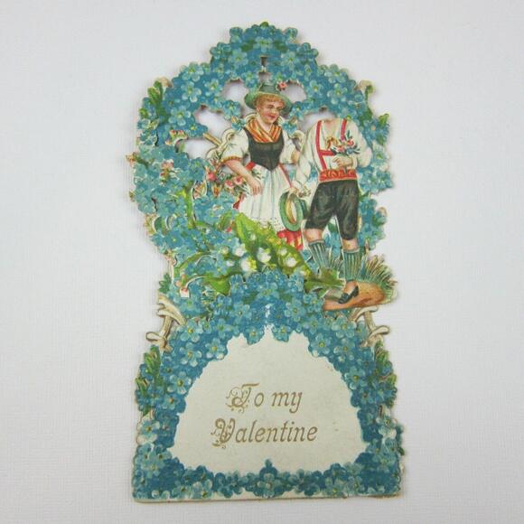 Other - Vintage Valentine 3D Pop Up Die Cut German Girl Red Boy Lederhosen Blue Flowers